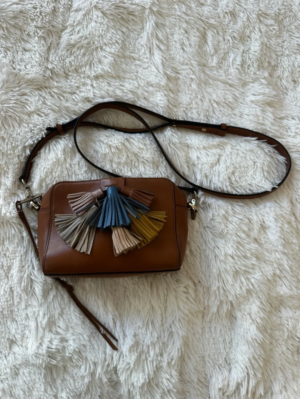 Rebecca Minkoff Mini Sofia Brown Leather Tassel Crossbody Bag Adjustable Strap
